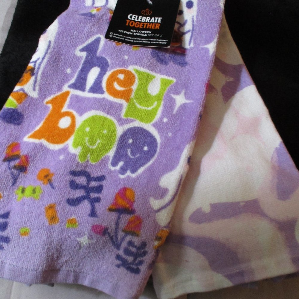 Set of Two Cotton Halloween Kitchen Towels Hey Boo